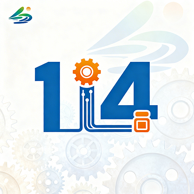 滨州市沾化区“科普114”品牌LOGO，方正简洁风格，科技蓝为主色调，暖橙点缀。数字“114”创意变形：第一个“1”以带齿轮的形态体现引领核心，第二个“1”设计为数据线形态展现服务联动，“4”的笔画融入代表四类服务的极简符号；背景搭配淡色的机械齿轮纹理凸显工业科普属性，加入沾化地域特色的抽象图形，整体辨识度高、寓意明确，适配各类传播场景