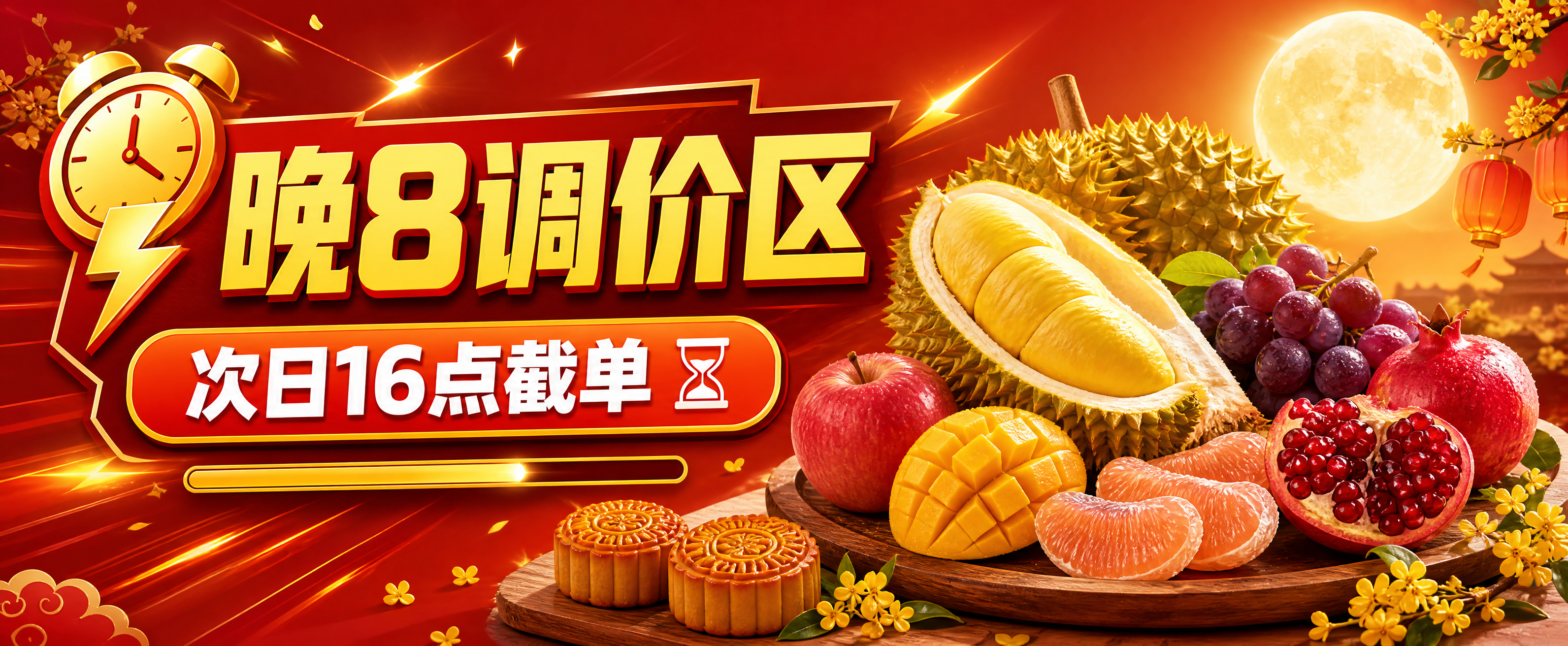 [单张主图] 晚8调价区中秋水果横屏电商图，限时促销感路线，尺… - 图片创意预览