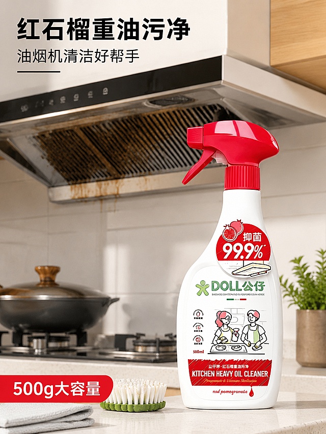 使用电商海报技能根据商品图「图片1」，生成5张电商海报，参考图为，内容主题为公仔牌红石榴厨房重油污净500g，图片比例为3:4，生成带有厨房油烟机的商品详情介绍图，带有背景图，高清