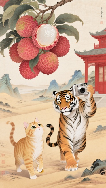 一只橘猫在沙漠旅游遇到老虎拿相机自拍预览效果