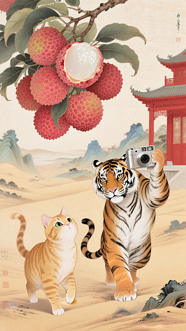 一只橘猫在沙漠旅游遇到老虎拿相机自拍