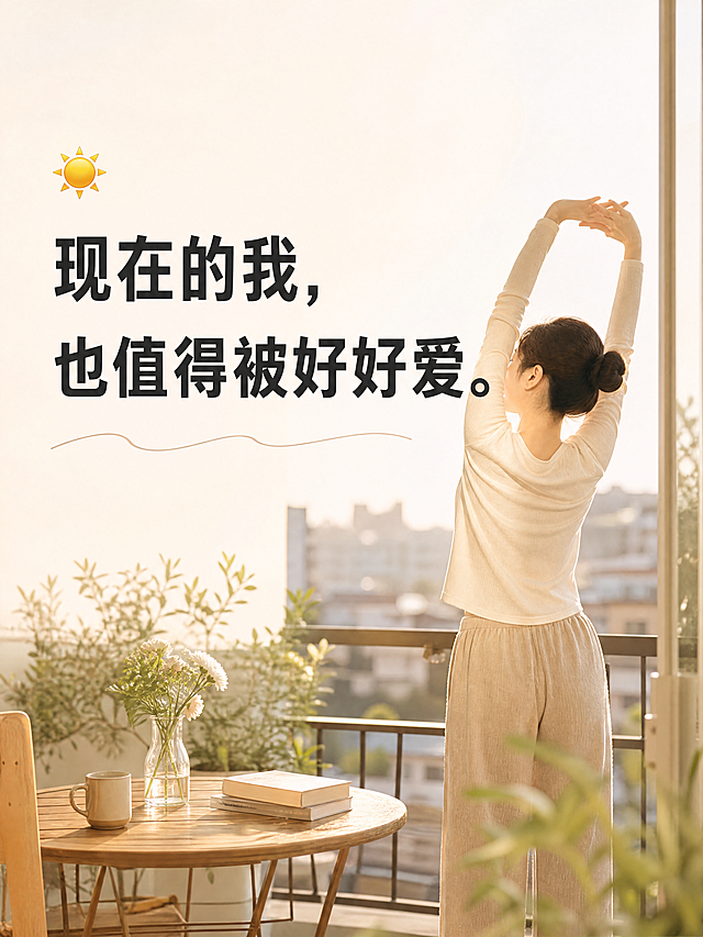 小红书笔记大字封面，配图大字，日系生活摄影风，治愈温暖高级感，版式精美，小红书笔记封面质感，适合信息流点击。主标题必须完整呈现且为画面视觉中心，逐字锁定：「现在的我，也值得被好好爱。」。主标题字号占画面约45%视觉权重，清晰可读，不得增删改字，分两行排版：第一行「现在的我，」，第二行「也值得被好好爱。」。背景与配图：真实生活感画面，35岁女性站在阳台迎着晨光伸展身体，背影自信放松，有阳光、植物、咖啡、书本点缀，表达重新找回自己的状态；积极温暖，展现成熟女性的生命力而非少女感；画面右侧为阳台晨光场景与人物背影，左侧留大片高级留白用于标题文字；日系生活摄影风格，晨光温暖，治愈有力量。标题排版：扁平粗黑体，深棕黑色字，置于左侧留白区，字间距舒适，温柔坚定有力量，禁止3D立体字。装饰：1个小太阳emoji贴纸置于主标题上方偏左位置；另加一条极细手绘波浪线在标题下方做轻装饰，位置克制不抢主标题。整体氛围：日系治愈生活，晨光温暖，自信舒展，成熟女性生命力，高级留白。画质：高清细腻，真实摄影质感，信息层级清晰，主标题与背景强对比，文字完整处于安全区内不可裁切，四周留安全边距。画面比例3:4，4K。图生图：参考【图1】的女性人物形象与气质、奶油暖色调与日系摄影质感，将场景改为阳台晨光伸展身体的治愈画面，人物保持35岁成熟女性气质，不改变人物大致外形特征。