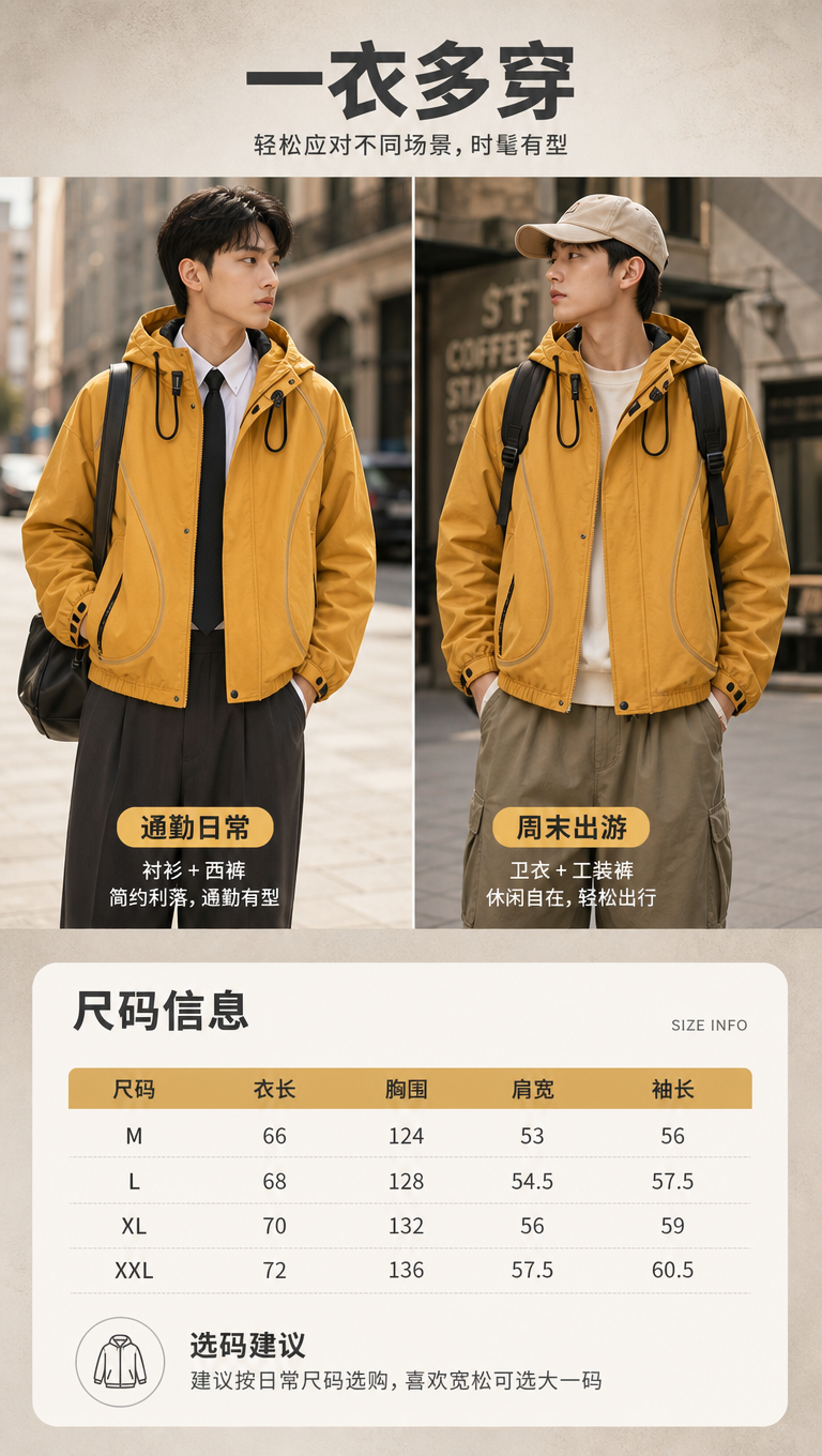 [商品] 使用【图1】姜黄色连帽休闲夹克；商品处理：保留连帽抽… - 图片创意预览