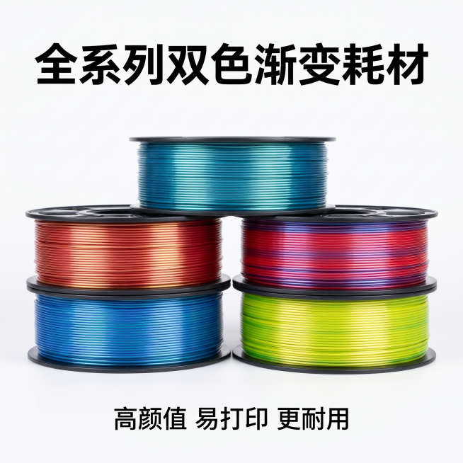 [封面2] 全系列PLA双色耗材集合封面。氛围风格：整齐丰富，爆款电商风，通透大气。画质：8K超清商业摄影，色彩准确，细节清晰。元素：四个不同配色款式的线轴整齐堆叠陈列在画面中心，丝绸蓝绿、丝绸红金、预览效果