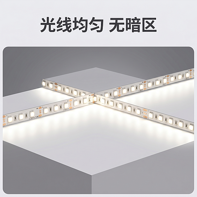 [主图-7] LED灯带点亮效果展示主图。[氛围风格] 真实氛围感，突出发光亮度均匀性。[画质] 商业摄影质感，光线过渡自然，产品清晰。[元素] 保持灯带产品结构与原图一致，一段灯带平直粘贴在白色展示台边缘，点亮后向下投射出均匀的光面，清晰展示光线均匀无暗区，灯带本身结构印刷文字清晰可见，背景为干净渐变灰色。商品主体占比约65%。[光影] 灯带点亮作为主光源，光线均匀柔和，投射区域亮度一致，明暗过渡自然，灯带结构清晰不被光线过曝掩盖。[文字版式] 上方简洁标题："光线均匀 无暗区"，深灰色大字。[比例分辨率] 1:1比例，2K分辨率，文字清晰，超高清。[负向提示词] 变形，水印，文字错乱，光线明暗不均，过曝，背景杂乱。