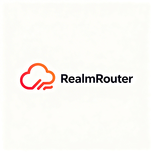 现代简约科技感Logo设计，品牌名：RealmRouter，行业：网络技术与软件开发，定位：专业、可靠、现代化。图形元素为云的创意变形，极简线条构成，不可复杂。主色调橙/红渐变，背景纯白。适合GitHub封面、NPM页面、技术文档网站等场景。字体清晰现代，整体干净利落，不超过3种颜色。