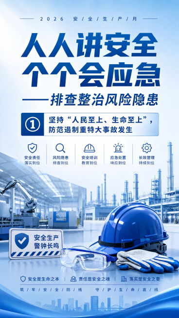 2026安全生产月宣传海报，整体风格简约大气，无红色配色，主标题为“人人讲安全 个个会应急——排查整治风险隐患”，分主题是“①坚持“人民至上、生命至上”，防范遏制重特大事故发生”，背景是现代工厂和安全预览效果