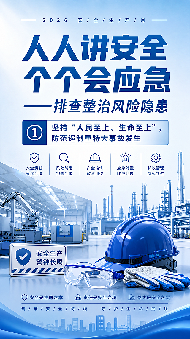2026安全生产月宣传海报，整体风格简约大气，无红色配色，主标题为“人人讲安全 个个会应急——排查整治风险隐患”，分主题是“①坚持“人民至上、生命至上”，防范遏制重特大事故发生”，背景是现代工厂和安全防护设备，蓝色简约商务风格，文字清晰醒目，排版正式