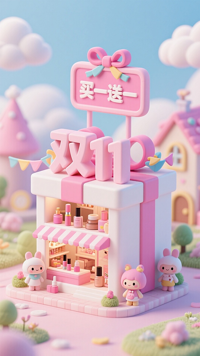 软3D风微缩艺术场景，粉嫩色调搭配卡通兔角色，营造梦幻温馨的双11促销氛围，充满甜蜜可爱与趣味感。