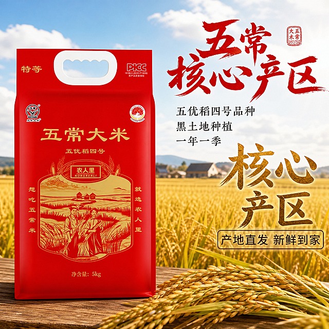 [主图-2] 产地溯源 五常核心产区信任背书图。
[统一基调] 国风喜庆暖调 主色中国红+暖金+米白 主标题粗笔刷书法字厚重有飞白 辅助文案细黑体 强调字用竖排圆章印章式 整体抖音强视觉冲击 高清实拍质感。
[画面] 红色农人里五常大米包装袋放在画面左侧 占比约40% 包装袋正面完整展示 右侧背景是大片金黄色稻田 稻穗饱满沉甸甸 远处有东北乡村农舍和蓝天白云 阳光洒在稻田上金光闪闪 稻田前景有几束真实稻穗作为前景装饰 包装袋底部放在木质台面上 有自然接触阴影。
[光影质感] 自然午后阳光 暖金色调 稻田有层次光影 包装袋受光均匀有真实质感 整体通透有产地氛围 商业摄影质感。
[配色] 背景金黄色稻田+蓝天 主标题红色大字 辅助文案深棕色 数据数字用暖金色放大。
[文字版式] 右上方主标题"五常核心产区" 下方分三行小字"五优稻四号品种 黑土地种植 一年一季" 右侧中部超大数字"核心产区" 下方小字标注"产地直发 新鲜到家" 文字放在右侧负空间 不遮挡产品。
[输出要求] 1:1正方形 文字清晰可读 产品清晰完整 无变形 无错字 无模糊 无杂乱背景 无水印 无平台Logo 禁止绝对化极限词。