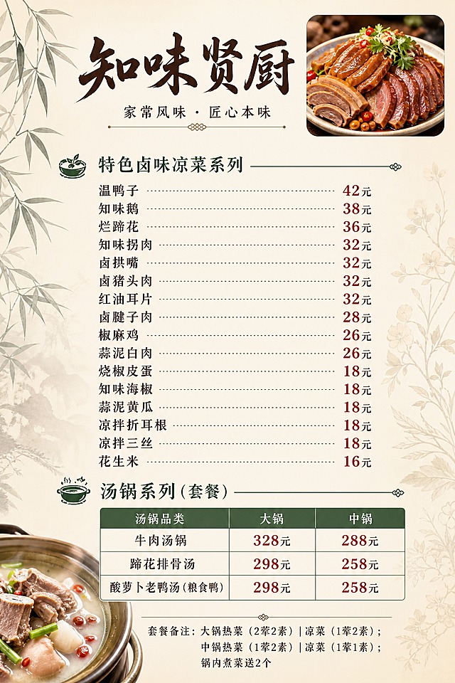 设计一张A4竖版中式餐厅菜单正面，清新雅致新中式风格。浅奶油色暖渐变底色，左侧有淡竹叶水墨装饰，右侧有淡植物花纹。顶部居中是'知味贤厨'书法字体大标题，深棕色，下方小字'家常风味·匠心本味'，细横线分隔加小装饰。右上角放1张圆角矩形的精美卤味凉菜高清小图（摆盘精致色泽鲜亮），左下角放1张汤锅高清小图一角作为装饰。菜单分为两大板块：上半部分'特色卤味凉菜系列'，下半部分'汤锅系列（套餐）'。分类标题用深绿色字体，左侧配小图标，右侧细分割线延伸。菜品按价格从高到低排列，菜名左对齐深棕色，价格右对齐暖红色加粗，中间细虚线连接。特色卤味凉菜系列（从高到低）：温鸭子 42元、知味鹅 38元、烂蹄花 36元、知味拐肉 32元、卤拱嘴 32元、卤猪头肉 32元、红油耳片 32元、卤腱子肉 28元、椒麻鸡 26元、蒜泥白肉 26元、烧椒皮蛋 18元、知味海椒 18元、蒜泥黄瓜 18元、凉拌折耳根 18元、凉拌三丝 18元、花生米 16元。汤锅系列用简洁表格形式，三列：汤锅品类、大锅、中锅。牛肉汤锅 大锅328元 中锅288元、蹄花排骨汤 大锅298元 中锅258元、酸萝卜老鸭汤（粮食鸭）大锅298元 中锅258元。汤锅下方小字备注：'套餐备注：大锅热菜（2荤2素）|凉菜（1荤2素）；中锅热菜（1荤2素）|凉菜（1荤1素）；锅内煮菜送2个'。整体风格清新雅致、高档有食欲，新中式私房菜风格。画面中所有数字必须精确渲染，所有菜品名称和价格必须完整呈现，不得有错别字。