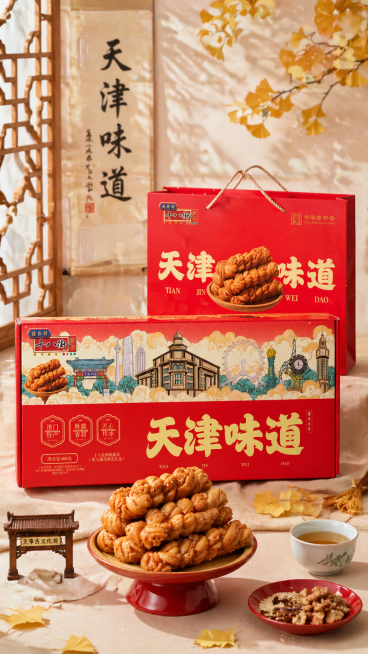 背景浅色系新中式风格你这段拆解写得非常到位，把这张图的设计逻辑、风格定位和商业价值都讲透了！我帮你把这套逻辑，完整适配到你之前的「天津十八街麻花礼盒」上，形成一套可直接落地的拍摄思路，方便你后续参考：预览效果