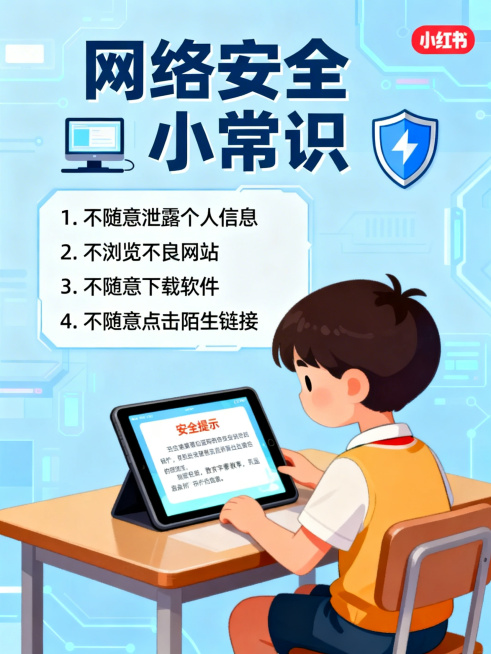小红书3:4竖版宣传图，网络安全小常识主题，浅蓝色科技背景。顶部标题"网络安全小常识"配电脑与盾牌图标。左侧文字框内容："1. 不随意泄露个人信息\n2. 不浏览不良网站\n3. 不随意下载软件\n4预览效果