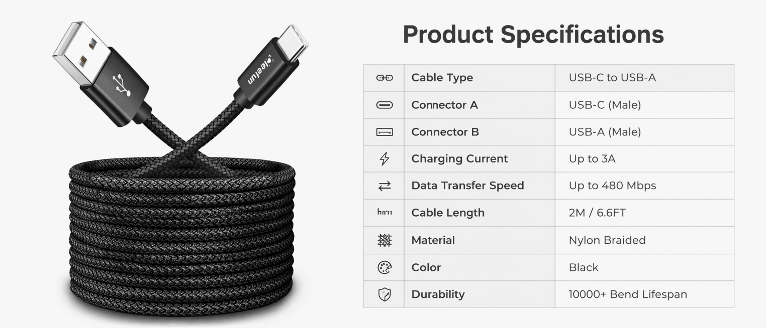 [Screen 10] Product Information specification page, final parameter list for the black braided USB-C预览效果