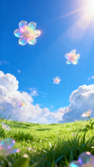 春日超现实梦幻场景，包含绿草、蓝天、缤纷花朵，3D游戏场景风格，柔和渐变色，柔和光线，明亮色彩，高质量画质预览效果