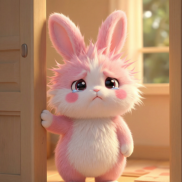 生成小兔站在这个房间门口 扶着门的图片，表情委屈可爱