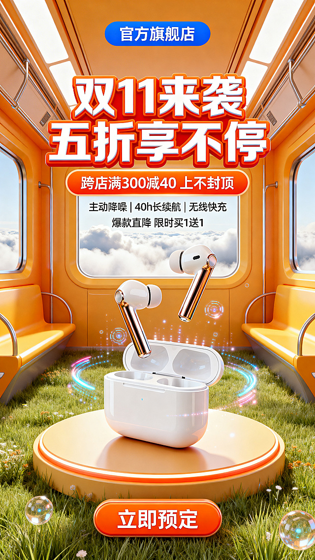 3D卡通科技风电商海报，橙黄色未来列车车厢场景，窗外是云雾草原。画面下方圆形展台上放置半入耳式无线蓝牙耳机及充电盒，产品为白色+金属质感，周围点缀科技光效粒子。文案排版：1. 顶部蓝色圆角标签：白色字"官方旗舰店" 2. 中上主标题：橙红色立体粗体字"双11来袭 五折享不停"，带白色描边与阴影 3. 主标题下橙色圆角横幅：白色字"跨店满300减40 上不封顶" 4. 横幅下方白色字卖点："主动降噪 | 40h长续航 | 无线快充" "爆款直降 限时买1送1" 5. 底部橙色圆角按钮：白色粗体字"立即预定" 整体风格明亮活泼，暖白光通透，突出产品便携科技感，适配双11大促氛围
