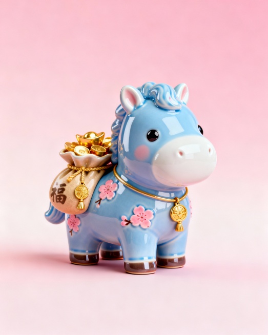 3D卡通风格，一只圆滚滚的蓝色小马，身体像光滑的陶瓷质感，身上点缀着粉色梅花和金色挂饰，背着装满元宝
的福袋，背景是淡粉色渐变，整体氛围治愈可爱，适合马年贺图。预览效果