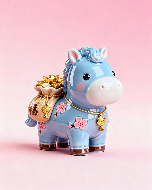 软3D风蓝色小马，釉面质感搭配国潮樱花元素，背负金元宝福袋，金属风配饰点缀，萌趣喜庆，节日氛围满满。
