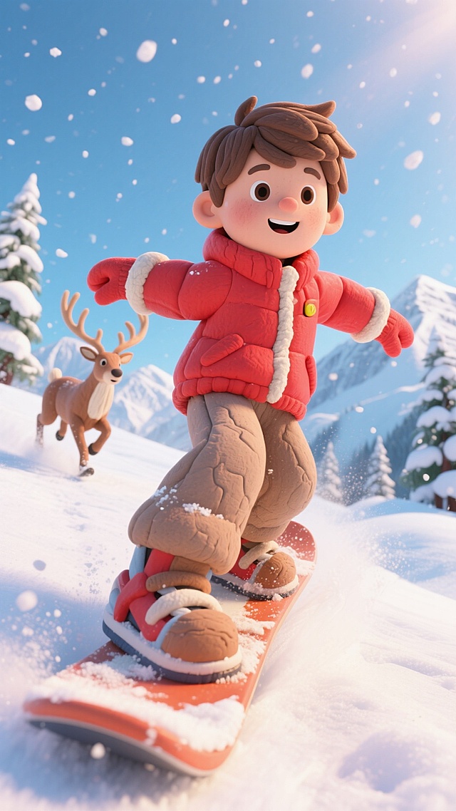 一个身着红色冬装的孩子在玩单板滑雪，夸张构图，仰视视角，滑雪板即将冲出屏幕，板底清晰可见，背景是白雪覆盖的山脉、雪林，天空飘雪，麋鹿在身后追赶。