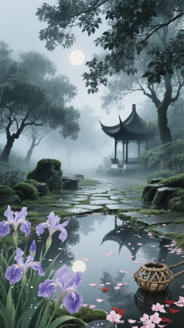 工笔淡彩风格的中国水墨意境，幽深的江南古林笼罩在雨后的青灰色薄雾中，月光穿透层层叠叠的墨绿色樟树叶，在布满青苔的青石板小径上投下斑驳的银白光斑。前景处几簇淡紫色的鸢尾花沾着晶莹的水珠，倒映在积水洼中的倒影与飘落的浅粉色桃花瓣交织，地面散落着半腐朽的竹编灯笼骨架。远处的乌桕树在雾气中化作深黛色的剪影，飞檐翘角的亭台楼阁轮廓若隐若现，整体色调以墨青、石绿与月白为主，间杂几点朱砂红的花萼，笔触细腻如……预览效果