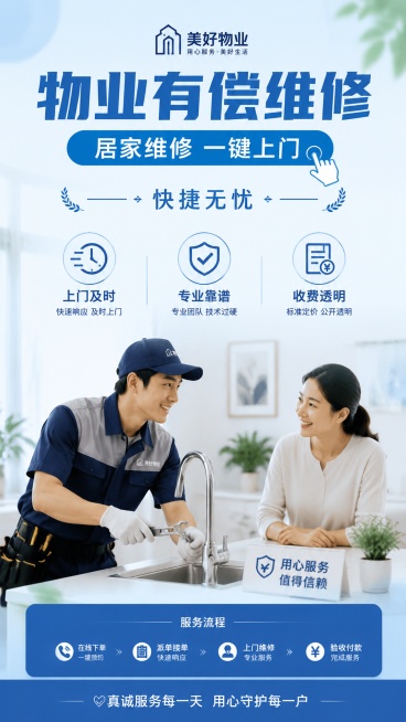 简约专业物业风海报，主标题“物业有偿维修”，副标题“居家维修 一键上门”，装饰文案“快捷无忧”，卖点标签“上门及时”、“专业靠谱”、“收费透明”，画面为服务信任型风格，采用简约物业服务场景，背景干净清预览效果