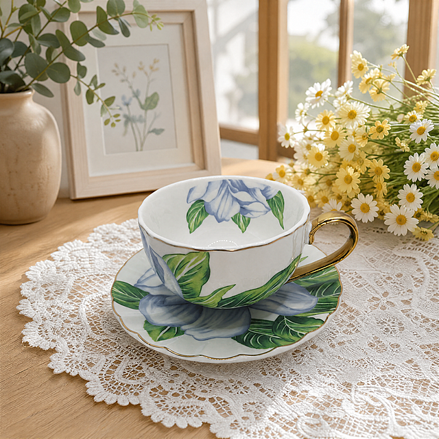 咖啡杯套装，严格参照上传产品图（https://gdesign-dam-hz.dancf.com/36780831080956992/d2b53a782a68436c8a39920d3b0584ae.jpg），完整保留所有可见组件、部件、轮廓形状、结构、比例、材质质感、蓝白色花卉纹样与金色把手颜色，与上传产品图完全一致。
室内靠窗浅色实木桌面，自然温馨暖木色调。
组合语境：搭配花束装饰与蕾丝餐布，营造优雅下午茶氛围。
靠窗侧自然光（还原参考图光源方向），产品受光面泛起暖木色、暗部映射浅灰色光晕，与环境物理融合。
产品居中特写，静态摆放，微侧15°视角。
全量换款清单：①承载桌面：参考图浅色实木 → 生成浅橡木色纹理实木桌面，同实木材质换纹理；②右侧花束：参考图白色小雏菊 → 生成淡黄色洋甘菊花束，同鲜花品类换款；③蕾丝布：参考图米色蕾丝 → 生成本棉白色蕾丝布，同织物品类换纹理；④背景窗景：参考图白色格窗 → 生成浅木边框落地窗，保留窗型换框色材质；⑤背景装饰框：参考图米色雕花框 → 生成白色原木装饰画框，同品类换款；⑥左侧绿植盆栽：参考图白色镂空盆绿植 → 生成素陶盆尤加利绿植，同绿植品类换款。
整体和参考图保持50%相似度，不要完全雷同。
消除品牌文字。4K 分辨率，严格锁定宽高比为 1:1。