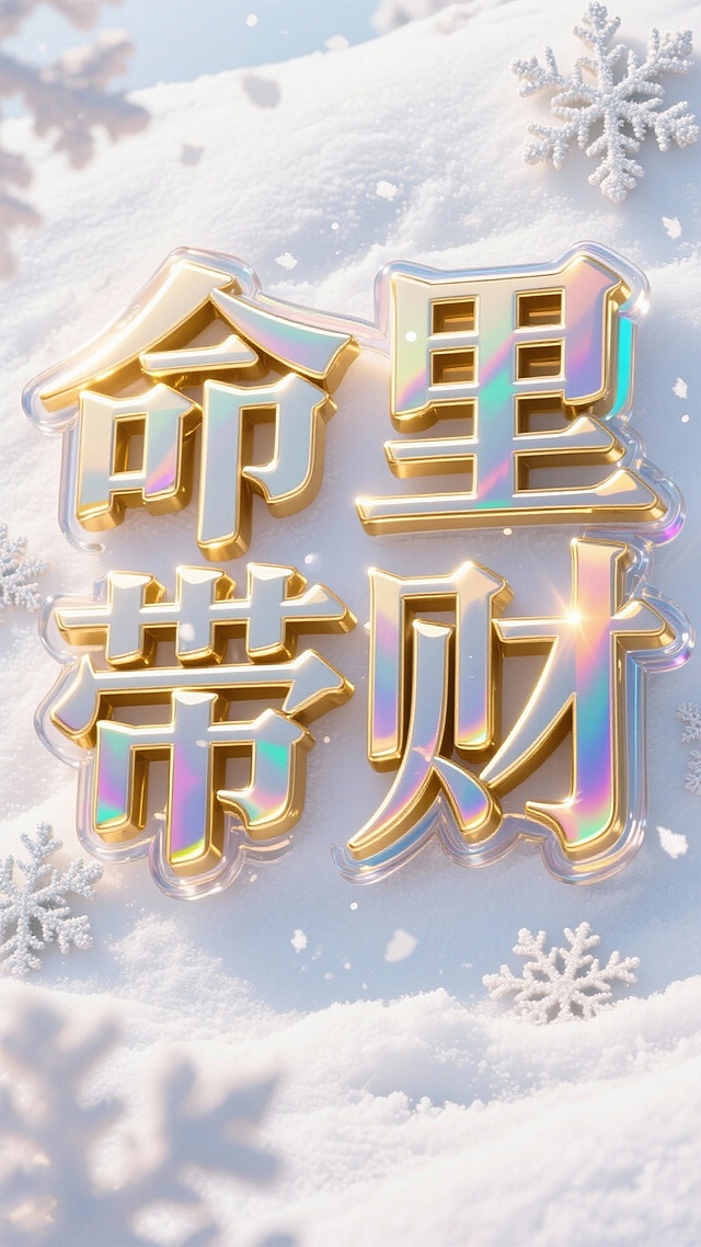 梦幻雪境中，鎏金大字“命里带财”闪耀3D金属光泽，奢华感十足，节日氛围浓厚。