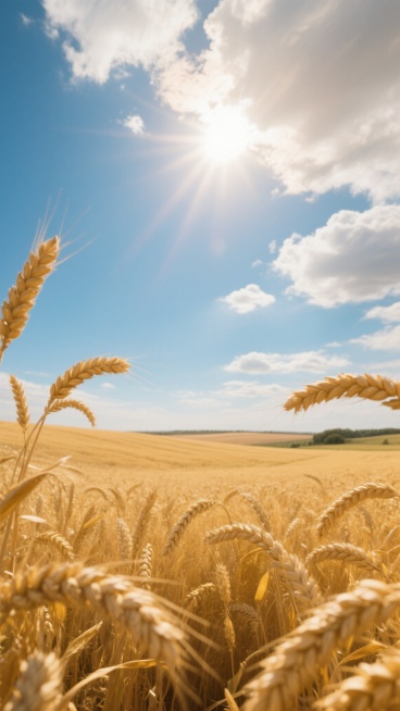 超写实风格的麦田场景，金黄色饱满的麦穗在风中微微摇曳，麦芒清晰可见，阳光从云层间洒落形成温暖的光影效果，远处地平线与湛蓝天空相接，几朵白云点缀其间，展现出丰收季节麦田的壮阔与生机，整体色调以金黄和蔚蓝为主，光影层次分明，画面质感细腻，营造出宁静而富有希望的氛围。预览效果