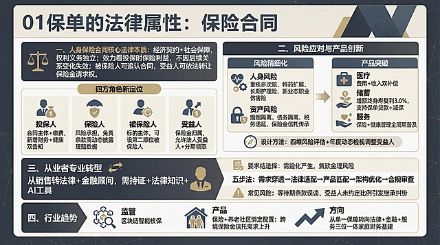 生成一张16:9的知识海报，保留所有文字内容：“01保单的法律属性：保险合同  一、人身保险合同核心法律本质：经济契约+社会保障，权利义务独立；效力看投保时保险利益，不因后续关系变化失效；被保险人可追认合同，受益人可依法转让保险金请求权。四方角色新定位  1. 投保人：合同主体+缴费，新增财务+健康双告知  2. 保险人：风险承担，免责条款需动态披露理赔数据  3. 被保险人：标的主体，可设第二顺位被保险人  4. 受益人：保险金归属，允许法人受益人+分期领取 二、风险应对与产品创新风险精细化  1. 人身风险：重疾多次赔、特药扩展、长期护理险、新业态职业伤害险  2. 资产风险：婚姻隔离、债务隔离、税务递延、保险金信托传承产品突破  1. 医疗：费用+收入双补偿  2. 储蓄：增额终身寿复利3.0%，支持保单贷款+减保  3. 服务：保险+健康管理全周期普及设计方法：四维风险评估+年度动态检视调整受益人 三、从业者专业转型从销售转法律+金融顾问，需持证+法律知识+AI工具五步法：需求穿透→法律适配→产品匹配→架构优化→合规审查常见风险：等待期条款误读、受益人未约定比例引发继承纠纷 四、行业趋势监管：区块链智能核保产品：保险+养老社区绑定配置：跨境保险金信托需求上升方向：从单一保障转向法律+金融+服务三位一体家庭财务基建”，整体排版清晰美观，采用商务专业风格，配色沉稳大气，文字层级分明，便于阅读