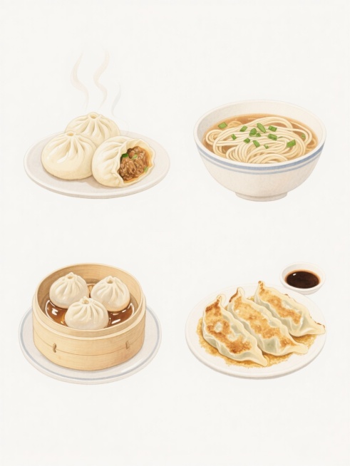一组四个完全不同面食元素的系列插画，保持手绘水彩风格，白色纯色背景，规整排布。左上为一盘热气腾腾的蒸包子，褶皱清晰，露出部分馅料；右上是一碗撒着葱花的汤面，面条细长，汤色清亮；左下是一笼灌汤包，皮薄透亮，托盘里有汤汁；右下是一盘煎饺，底部金黄酥脆，搭配一小碟醋。每个面食都有精致的细节和柔和的色彩过渡，整体风格统一，充满温馨的美食氛围。预览效果