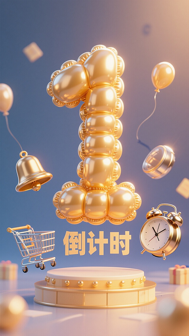 巨大的金色数字“1”的气球，下方小标题“倒计时”，购物车，铃铛，闹钟悬浮在周围，暖色调，促销氛围