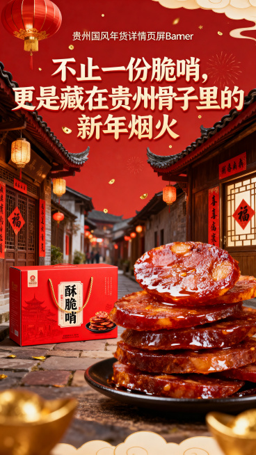 贵州脆哨年货详情页首屏Banner，新年国风设计，背景是红色喜庆春节氛围，贵州小巷烟火气场景，画面有脆哨礼盒和酥脆的脆哨实物，顶部大标题写着"不止一份脆哨，更是藏在贵州骨子里的新年烟火"，整体温馨有年预览效果