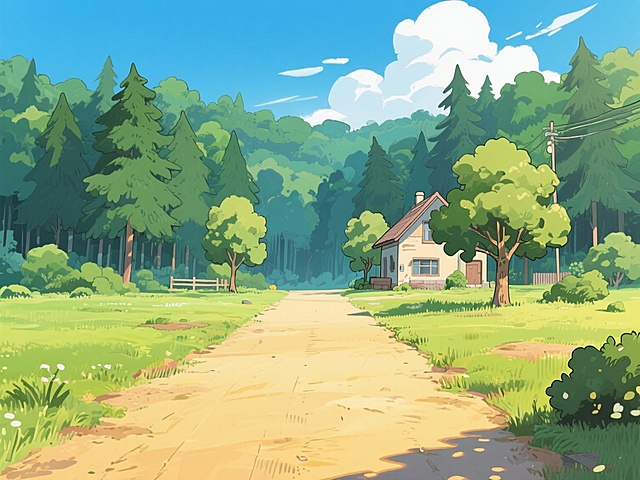 清新水彩风，舒适动漫小屋，绿树环绕，自然惬意。