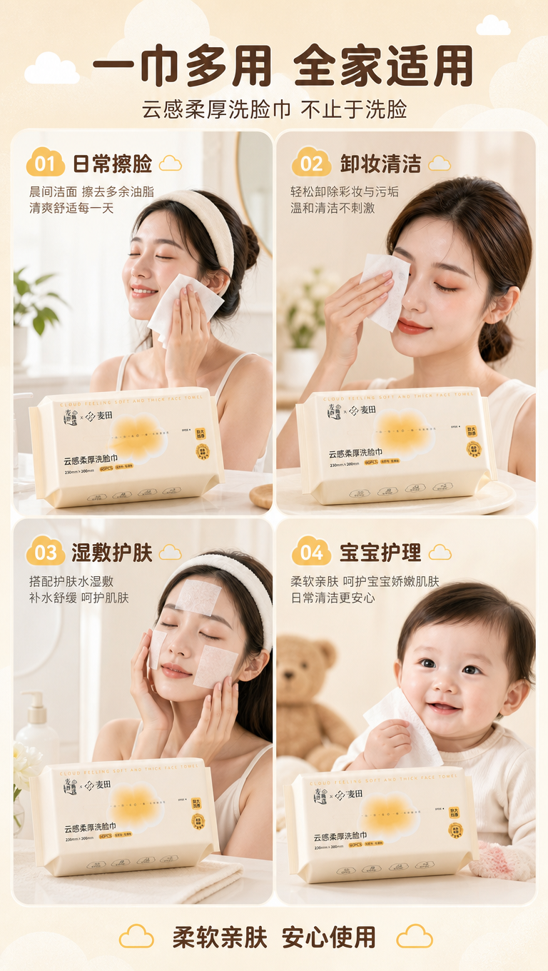 [商品] 使用【图1】麦世甄选肌芙麦田牌云感柔厚洗脸柔巾包装；… - 图片创意预览
