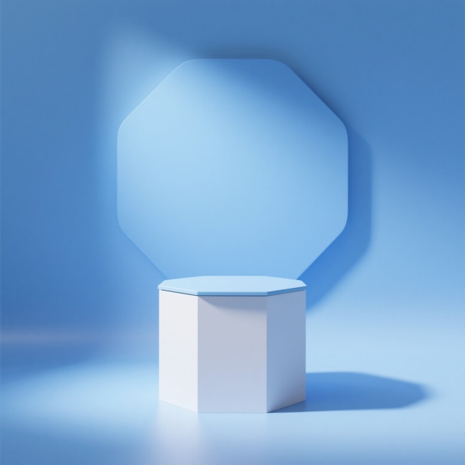 极简主义3D渲染风格展台，纯净的蓝色主视觉，柔和的渐变天光背景，顶部为平滑曲面的六边形展台，底部是白色立方体基座，展台表面呈现细腻的哑光质感，光源来自左上方，在展台底部投射出柔和的弧形阴影，整体画面简洁干净，光线明亮通透，营造出宁静、专业的氛围。预览效果