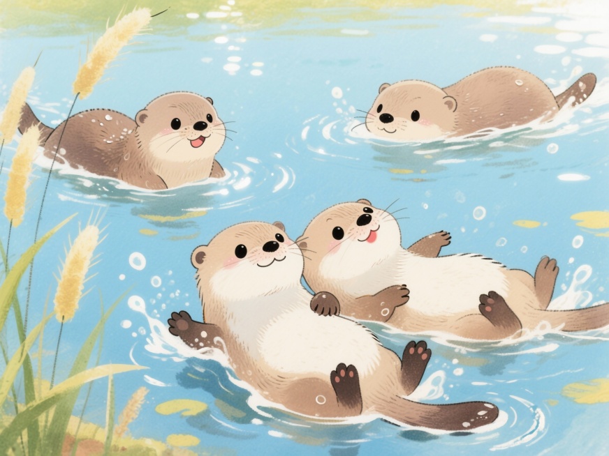 帮我生成一幅童趣卡通风格，清透的浅蓝色湖水波光粼粼，暖乎乎的阳光洒在水面，飘着亮晶晶的光斑和软软的小涟漪，湖边长着几丛嫩黄嫩绿的小芦苇，轻轻晃呀晃，背景干干净净的超清爽。几只圆滚滚软乎乎的小水獭在水里预览效果