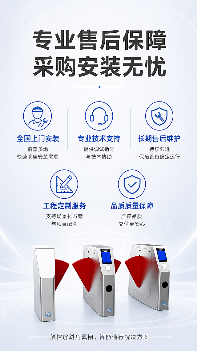 [第7屏] 触控屏斜角翼闸售后服务保障展示。
[氛围/风格] 简约可信的保障展示风格，专业安心，干净整洁。
[元素布局] 页面顶部大标题"专业售后保障 采购安装无忧"，中间区域用图标矩阵展示核心服务承诺，底部用简洁收束文案总结，整体布局宽松舒适，不拥挤。五个保障图标整齐排列成两行，图标风格统一简约。
[光影质感] 整体光影均匀柔和，图标清晰，文字明亮，没有明显阴影遮挡，阅读舒适。
[配色色系] 全局底色：#F5F6F8（浅灰科技底）；图标采用蓝色系，标题文字深灰，说明文字中灰，配色干净专业。
[视角构图] 纵向通栏排版，从上到下依次是标题、服务图标矩阵、底部总结文案，构图平衡，留白充足，符合移动端阅读。
[文字版式] 顶部标题加粗居中，五个保障服务分别是：
1. 全国上门安装
2. 专业技术支持
3. 长期售后维护
4. 工程定制服务
5. 品质质量保障
每个服务下方配对应说明文字，图标+文字组合，排版清晰，底部收束文案"触控屏斜角翼闸，智能通行解决方案"，字号适中，所有文字移动端清晰可读。
[比例分辨率] 9:16竖版比例，4K分辨率，文字清晰可辨，超高清。
[负向提示词] 图标变形，文字错乱，排版拥挤，诱导抢购按钮，水印，颜色杂乱。
