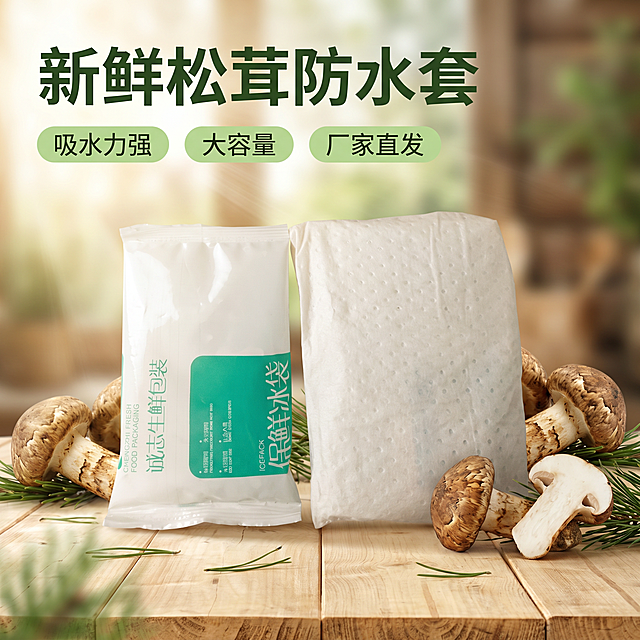 [主图 1] 新鲜松茸防水套产品首图，山野田园治愈风。
[氛围风格] 自然清新的山野田园治愈氛围，温暖自然
[画质] 商业摄影质感，光线柔和通透，产品清晰真实，画面干净高级
[元素] 新鲜松茸防水套产品居中饱满摆放，背景是浅原木色木纹桌面搭配散落的松针和新鲜松茸作为点缀，营造山野自然氛围。保持新鲜松茸防水套产品外观（物理结构、材质质感、颜色）与输入产品图绝对一致，杜绝任何变形和色差，精细化处理。商品主体占比严格控制在60%-80%之间，画面满屏无边框。
[光影] 上午柔和的自然光从侧前方洒入，整体光线均匀通透，阴影柔和，突出产品干净质感，营造温暖治愈的氛围
[配色] 主色调为原木浅棕色搭配清新绿色，自然温暖，浅背景衬托白色产品主体清晰醒目
[视角构图] 平视视角，景深中等，产品主体突出，轮廓完整不裁切
[文字版式] 左上负空间左对齐留安全边距，主标题 "新鲜松茸防水套" 深绿色最大号粗体无衬线；三个卖点标签以横向胶囊标签排列在主标题下方：吸水力强 大容量 厂家直发，每个标签为浅绿底深绿色字。文字清晰不遮挡产品主体，与背景对比强烈易辨认
[比例分辨率] 1:1 比例，2k 分辨率，文字清晰锐利，画面超高清
[负向提示词] 变形，水印，文字错乱，产品图模糊，背景杂乱，文字遮挡产品，配色刺眼