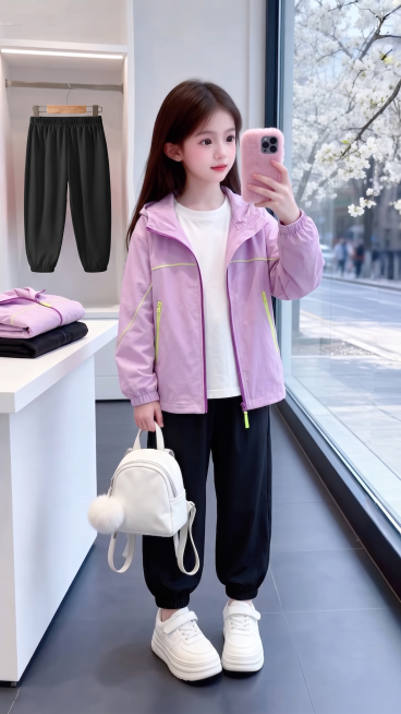 用图1的白色短袖和连帽外套以及黑色的冰丝防蚊裤替换图的2的人物穿的衣服裤子和旁边桌子上折叠的衣服以及后方衣架上挂着的衣服，保留原场景光影，保持图2的人物的五官和发饰不变，模特姿势不变，拍摄角度不变，模预览效果