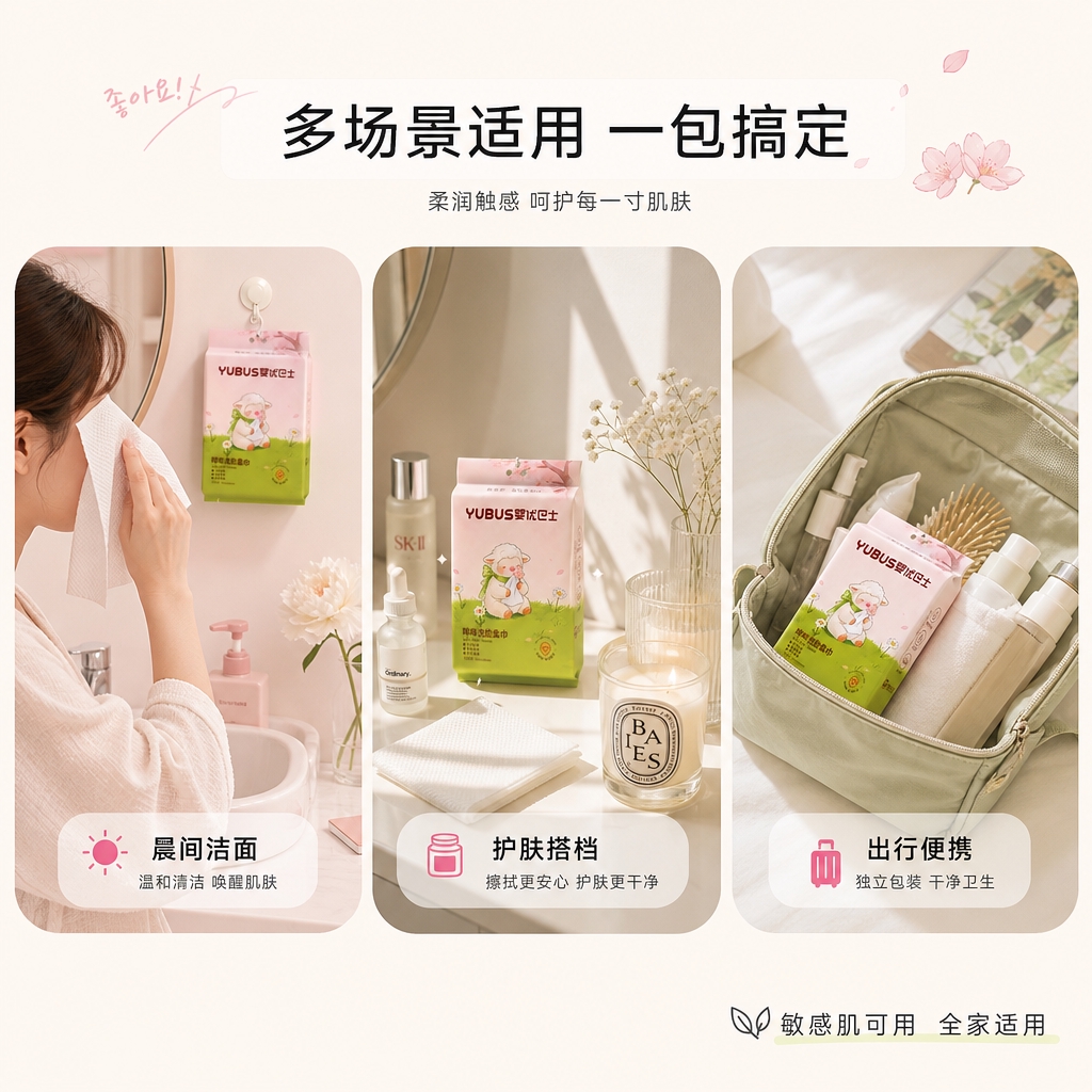 [主图-4] 咩咩羊悬挂式洗脸柔巾多场景适用图，核心任务是展示… - 图片创意预览