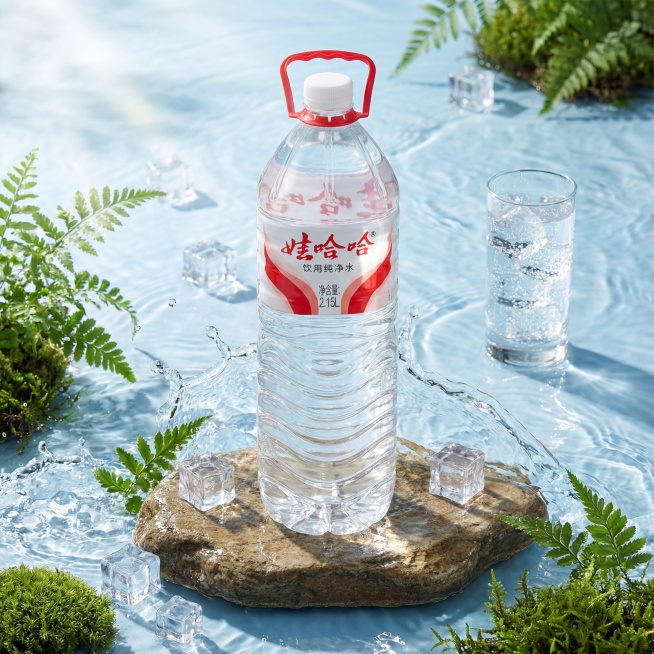 娃哈哈2.15L饮用纯净水大瓶装，放置在天然水石台上，周围环绕流动水面和波浪，点缀清新绿植和透亮冰块，旁边摆放一个装满纯净水的透明玻璃杯，夏日清凉清爽风格，高清商业电商主图，极致超清画质，专业棚拍光影预览效果