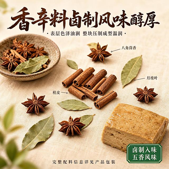 调味工艺 香辛料卤制风味页 食材配料展示风 清新自然 暖棕色调 商业美食微距摄影质感 画面中央为各种香辛料平铺展示 占画面约六成 桂皮小段整齐排列 八角茴香完整颗粒 月桂叶新鲜叶片 分别摆放在浅米色亚麻布背景上 香辛料之间留出自然空隙 形成美感构图 画面右下角放置一块素鸡豆腐作为产品关联 占比约一成半 左上角有粗陶小碟盛部分香料 整体呈现香辛料卤制 风味醇厚的形象 柔和侧光从左侧照射 香料表面呈现自然光泽 桂皮粗糙纹理 八角立体结构 月桂叶叶脉清晰可见 阴影柔和自然 整体光线均匀通透 全局底色浅米黄 主色暖棕 香料深褐 辅助色叶绿 月桂浅绿 姜黄点缀 俯视45度视角 香料呈放射状分布 形成视觉焦点 景深较浅 主体清晰 背景柔和虚化 阅读动线从中央香料向四周扩散 顶部主标题 香辛料卤制 风味醇厚 粗笔书法体深棕色居中 副标题 表层色泽油润 整块压制成型 温润宋体 中部每味香料旁配细线引线与名称标注 小巧精致 右下角标识 卤制入味 五香风味 绿色边框白字 底部一行小字 完整配料信息详见产品包装 竖版3比4比例 2K分辨率 文字清晰可辨 高清画质 变形 水印 文字错乱 文字过小 产品图模糊 背景杂乱 多余的手 畸形手