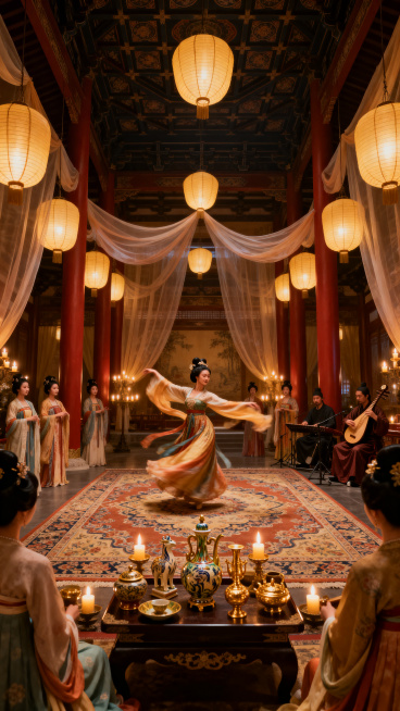 唐朝宫廷盛宴场景，超高清精致渲染，电影级光照。宏伟的木结构宫殿，朱红色立柱，深色藻井，悬挂着大量纱幔和纸质宫灯。中央铺设着华丽的波斯地毯，矮桌上摆满唐三彩和鎏金酒具。穿着齐胸襦裙梳着高髻的仕女围绕在侧预览效果