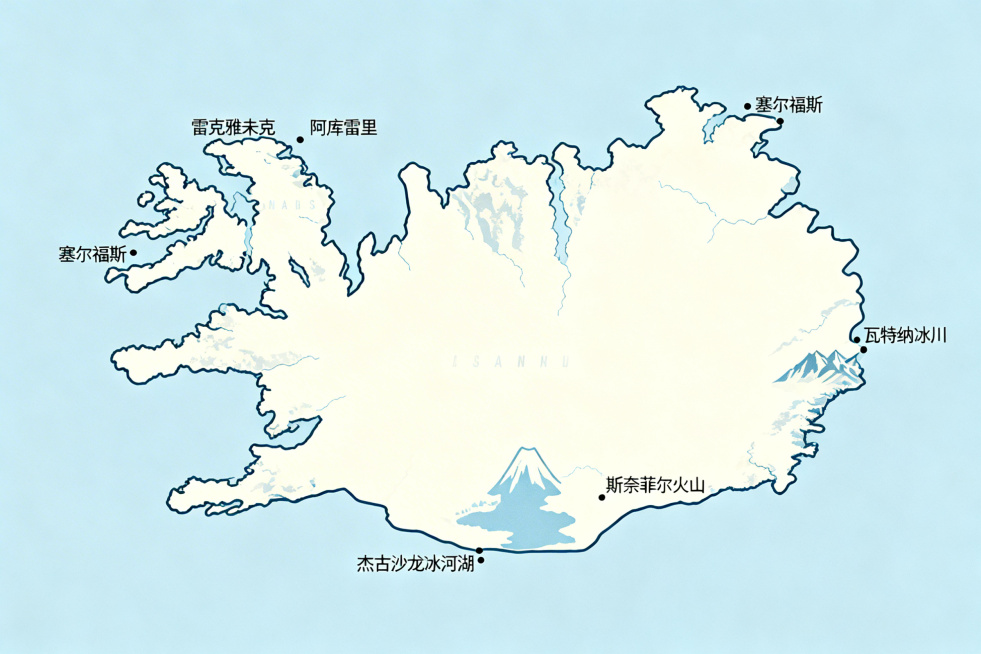 一张简洁清晰的冰岛地图，标注主要城市、标志性地貌，配色柔和舒适，风格为现代简约风预览效果