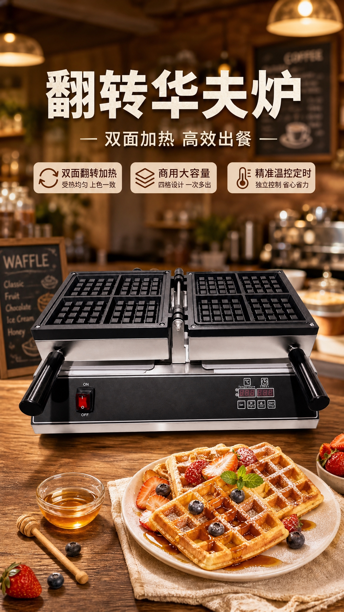 商用翻转华夫炉产品海报，画面中央展示翻转华夫炉，华夫炉100%… - 图片创意预览