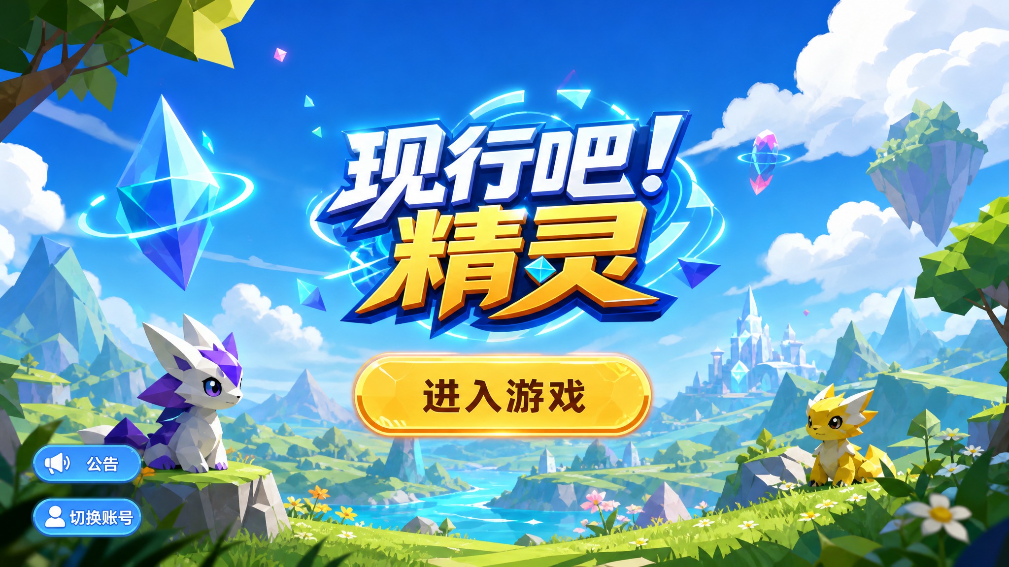 手游登录界面UI设计，16:9横版，轻科幻3D卡通低多边形绘本… - 图片创意预览