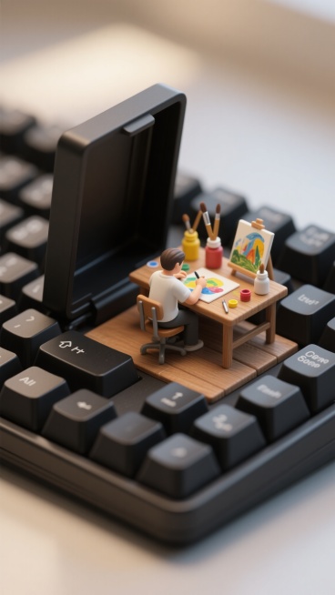3D渲染风格，超写实微缩场景，黑色机械键盘上一个打开的键帽内部，一个穿着白色上衣的小人坐在木质工作台前专注地进行创作，工作台摆放着颜料瓶、画笔和画作，整体采用柔和的中性色调，光线从上方柔和照射，形成清晰的高光和自然阴影，展现出细腻的材质纹理和精致的空间层次感，营造出宁静而富有创意的氛围，具有极强的视觉冲击力和细节表现力。预览效果