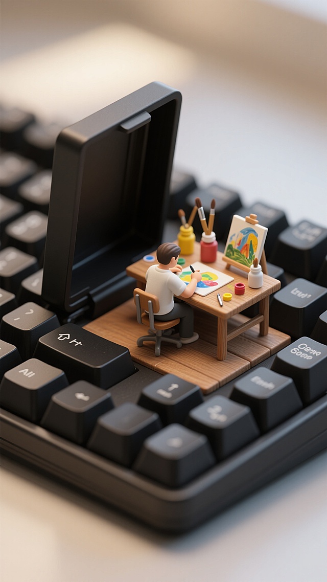 3D渲染风格，超写实微缩场景，黑色机械键盘上一个打开的键帽内部，一个穿着白色上衣的小人坐在木质工作台前专注地进行创作，工作台摆放着颜料瓶、画笔和画作，整体采用柔和的中性色调，光线从上方柔和照射，形成清晰的高光和自然阴影，展现出细腻的材质纹理和精致的空间层次感，营造出宁静而富有创意的氛围，具有极强的视觉冲击力和细节表现力。