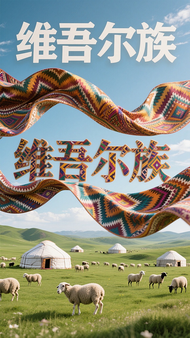维吾尔族特有的艾德莱丝绸组成”维吾尔族“；背景是绿色草原、白色毡房、羊群